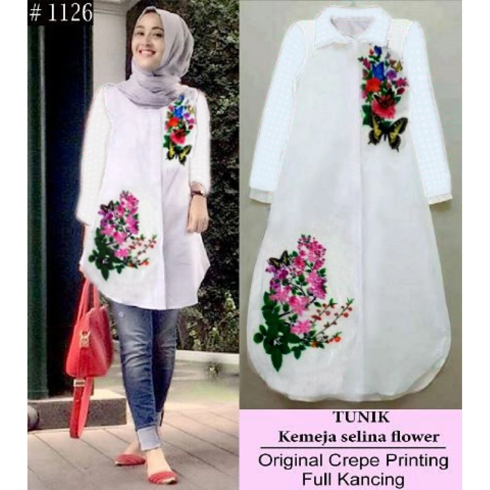 Baju Korea Tunik Selina Putih Flower Baju Korea Tunik Selina Putih Flower