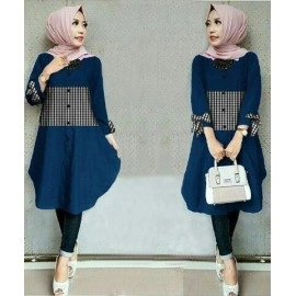 Baju Korea Tunik Kotak Ribbon Navy Baju Korea Tunik Kotak Ribbon Navy
