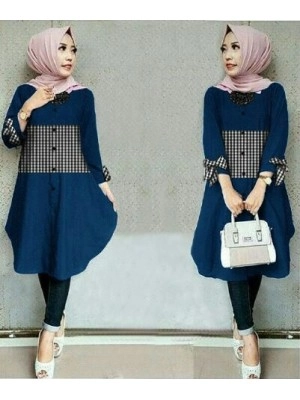 Baju Korea Tunik Kotak Ribbon Navy
