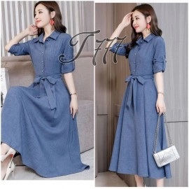 Baju Wanita Long Drs Belt Ribbon To Denim