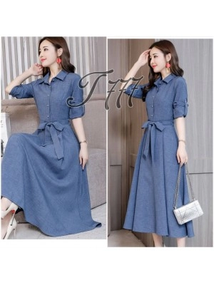Baju Wanita Long Drs Belt Ribbon To Denim