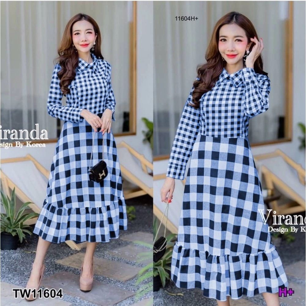 Baju Korea Drs Kotak Hn Orila Blue