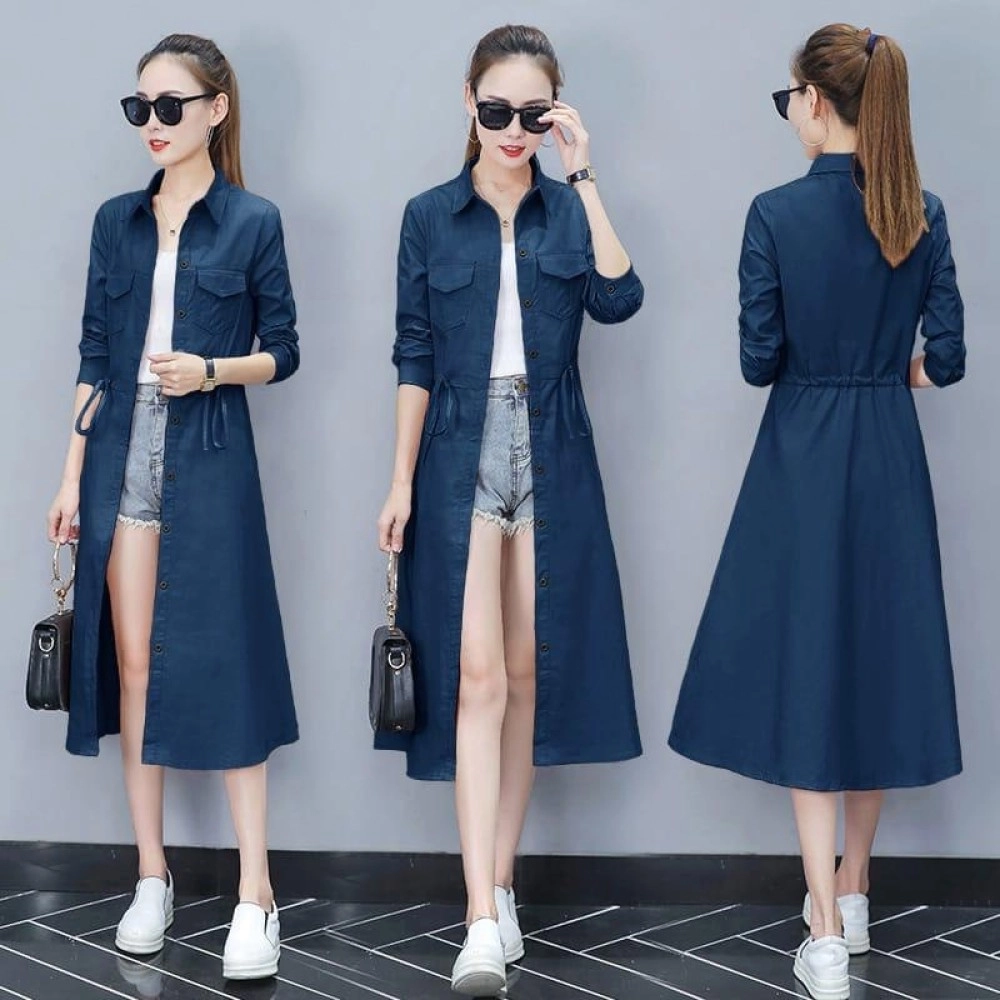 Baju Korea Long Coat Pocket Navy