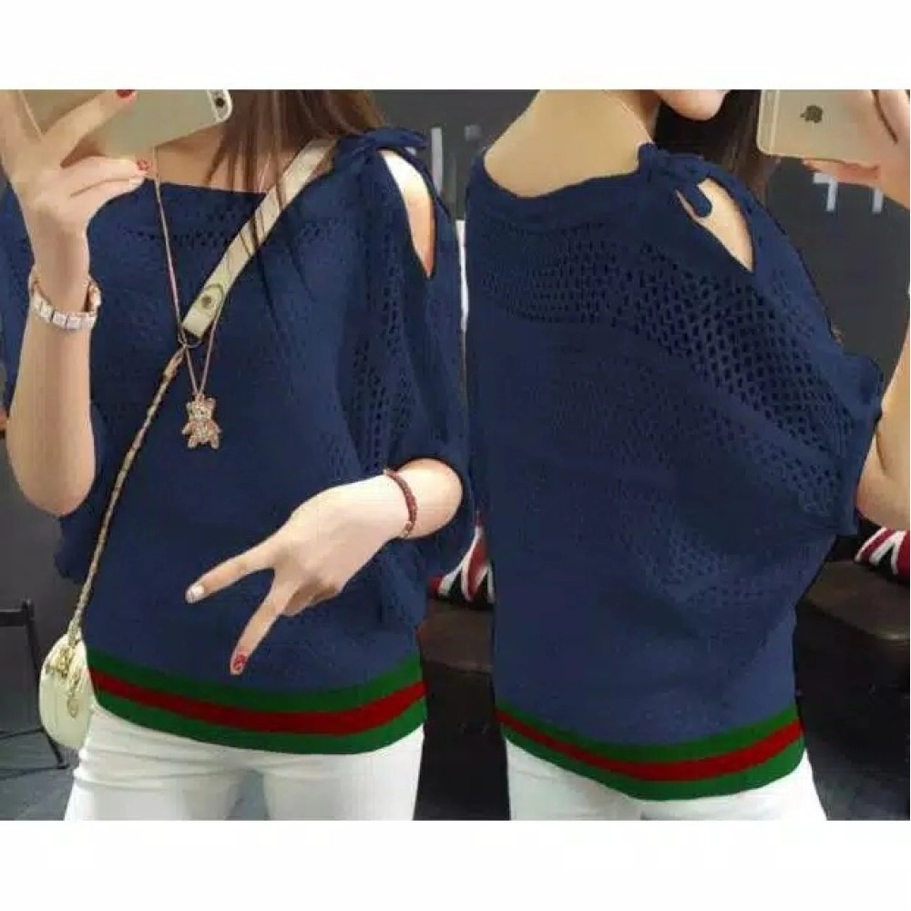 Baju Korea Batwing Jala Rajut Navy
