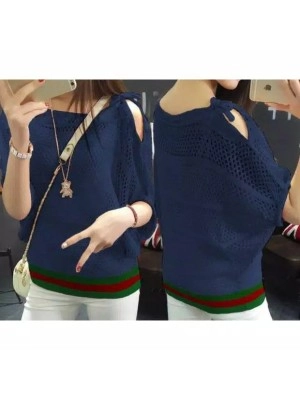 Baju Korea Batwing Jala Rajut Navy