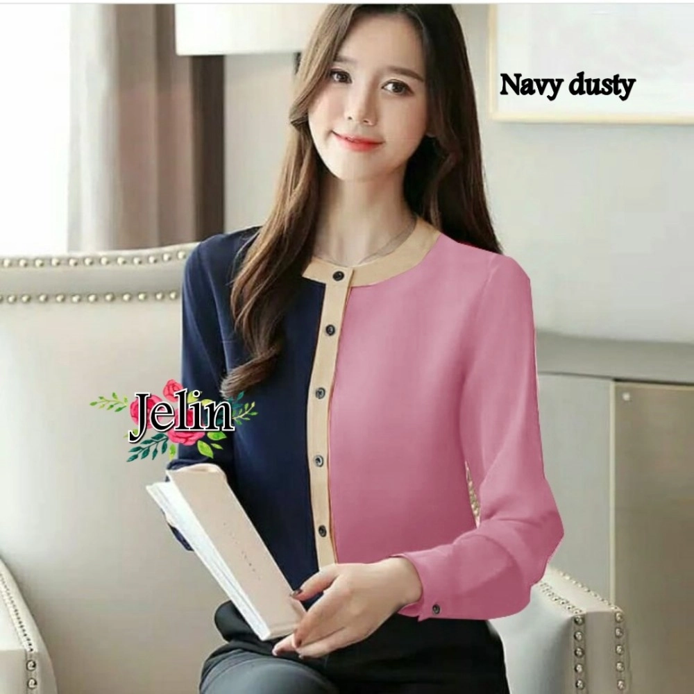 Baju Korea Blouse Jelin Ij NavyDusty