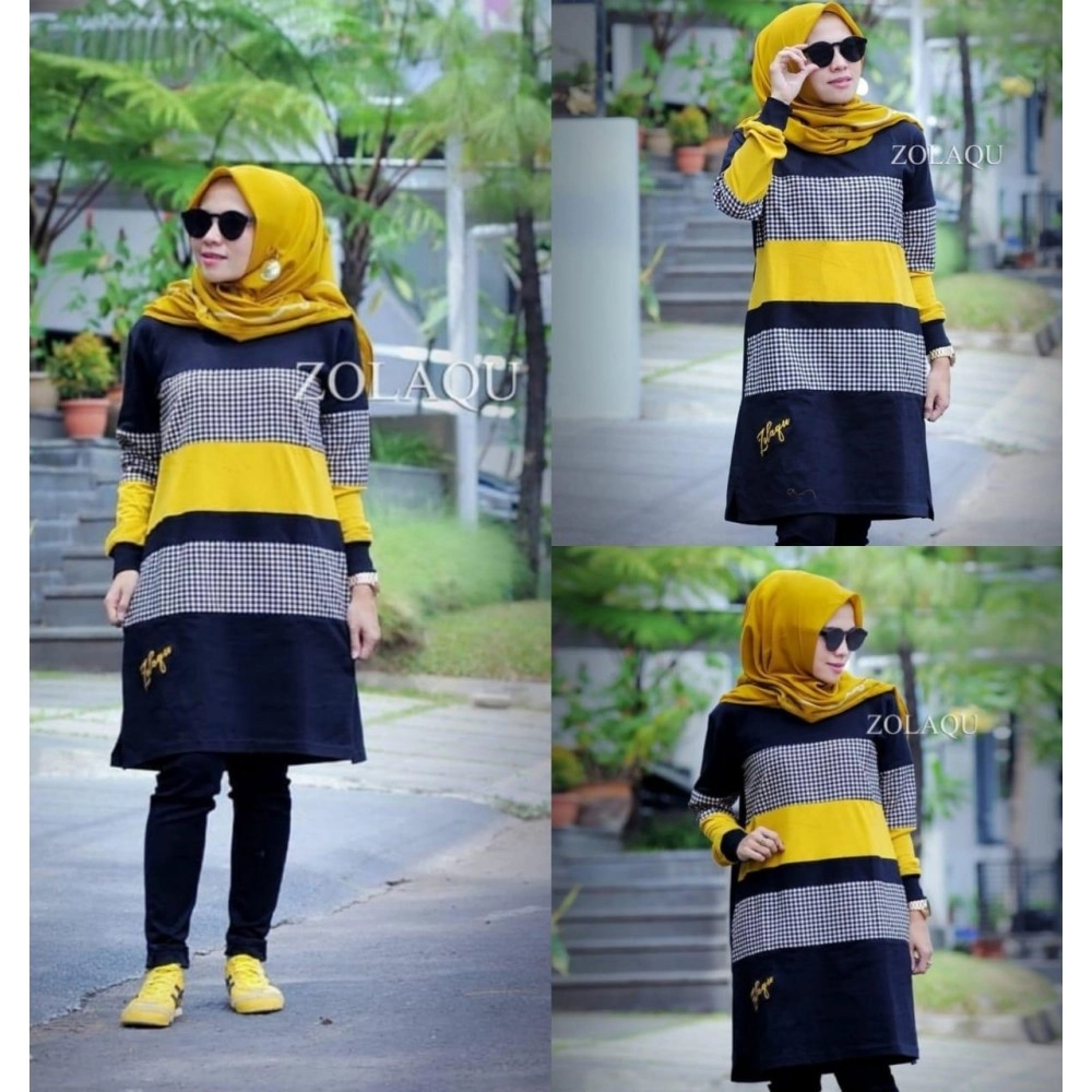 Baju Korea Tunik Kotak Usff Navy