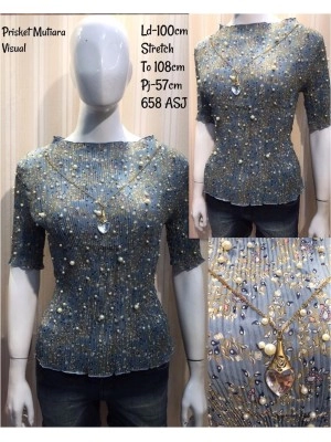 Baju Korea Top Plisket Mutiara Gray