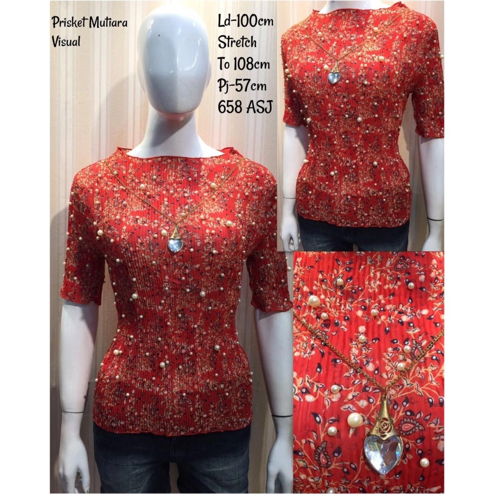 Baju Korea Top Plisket Mutiara Red