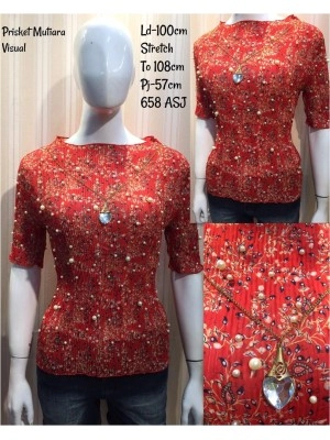 Baju Korea Top Plisket Mutiara Red