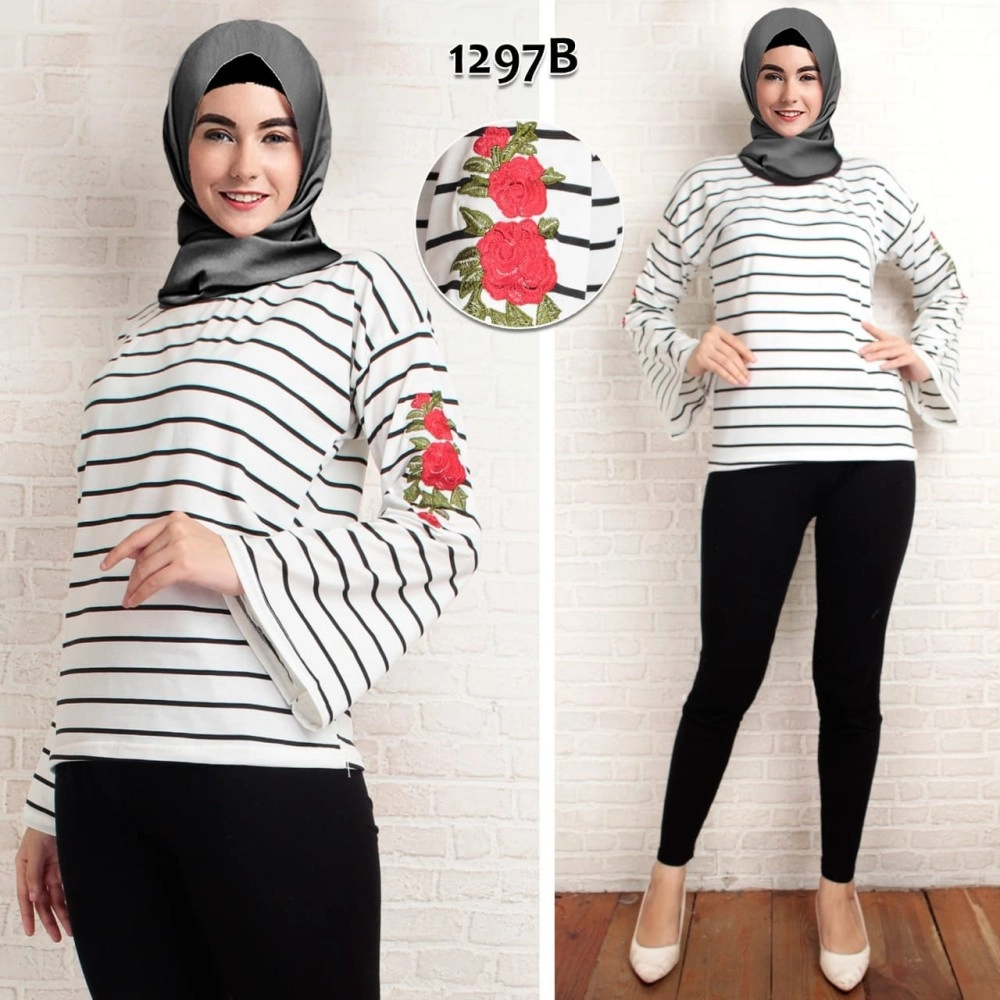 Baju Korea Blouse Bordir Stripe Putih Baju Korea Blouse Bordir Stripe Putih