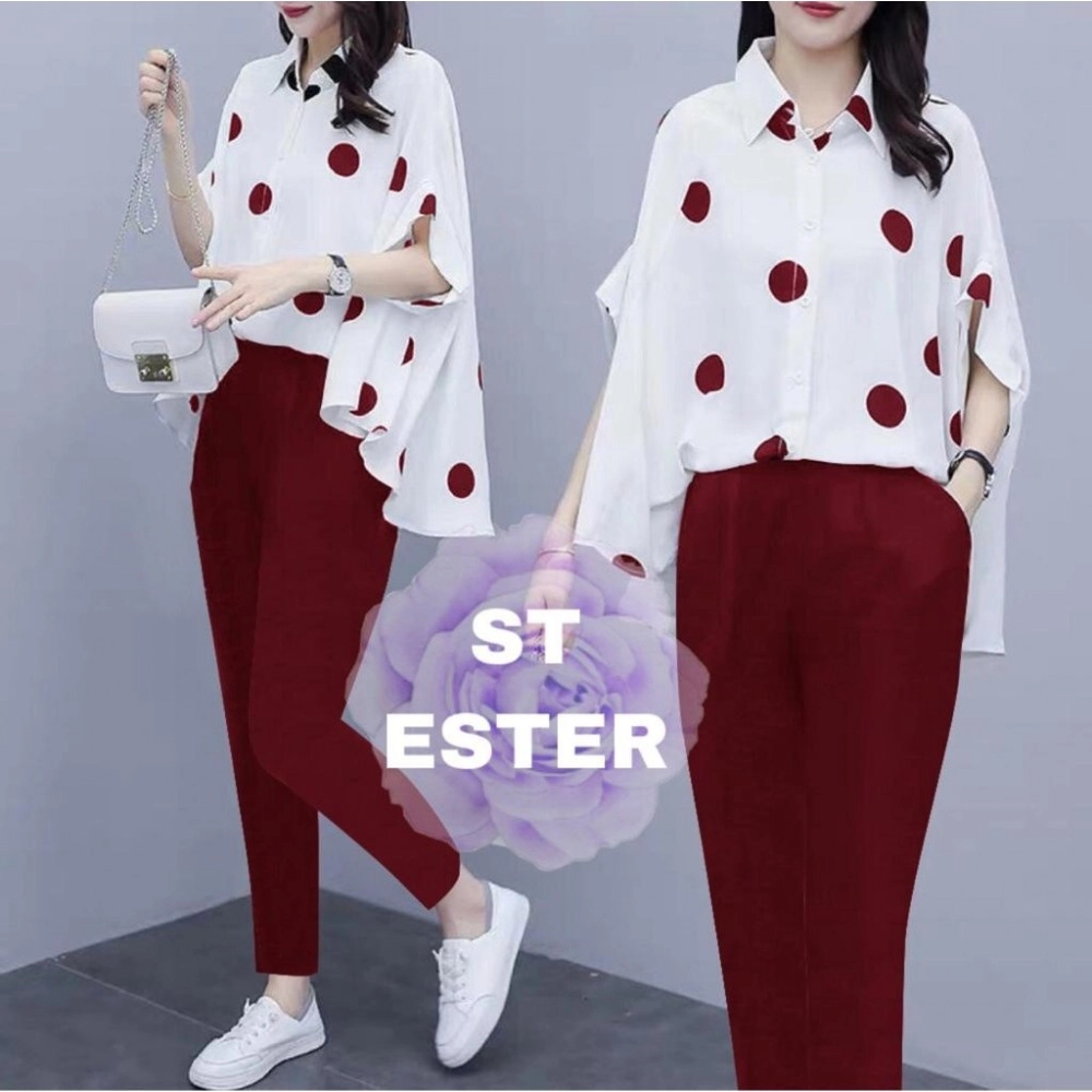 Baju Korea St Ester Polka Rd Maroon