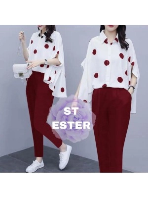 Baju Korea St Ester Polka Rd Maroon