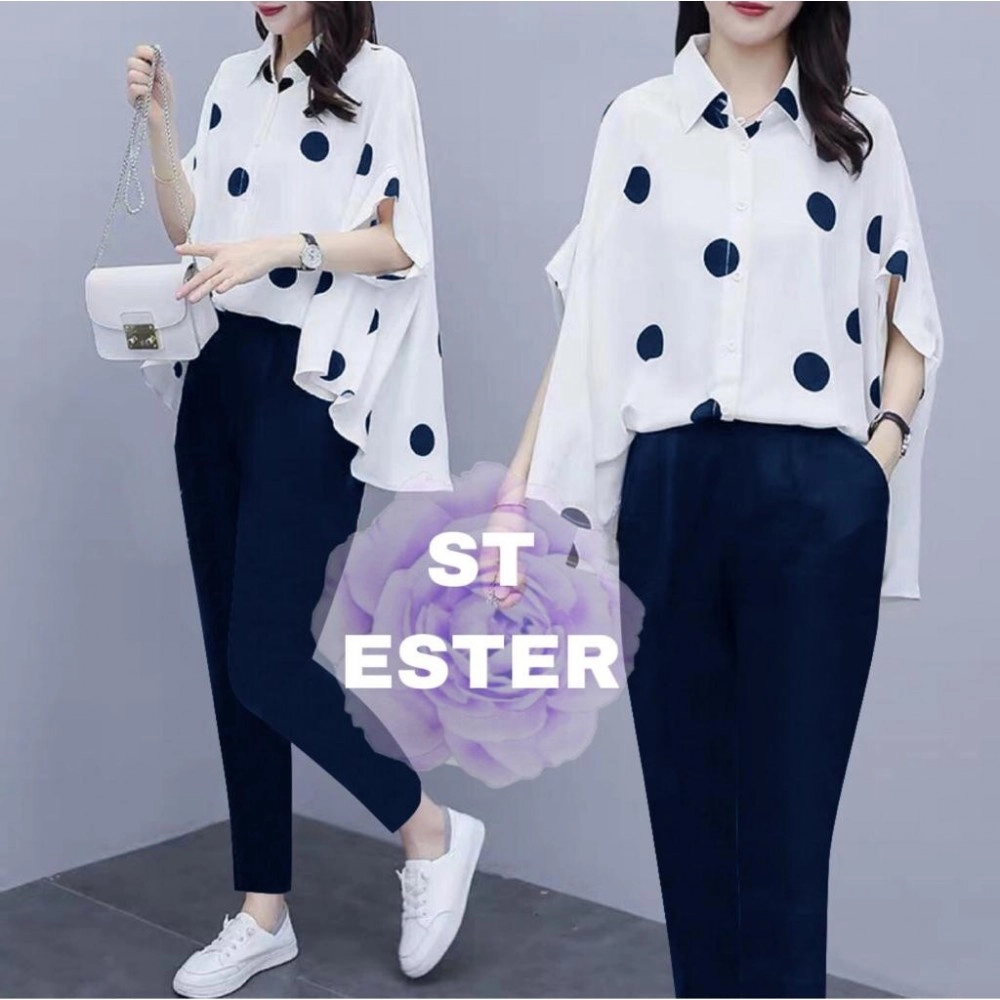 Baju Korea St Ester Polka Rd Navy