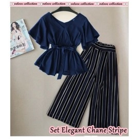Baju Korea St New Elegant Ch Stripe Vl Navy