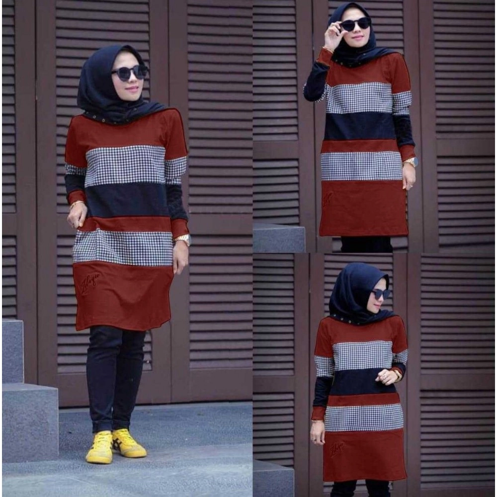 Baju Korea Tunik Kotak Ff Maroon