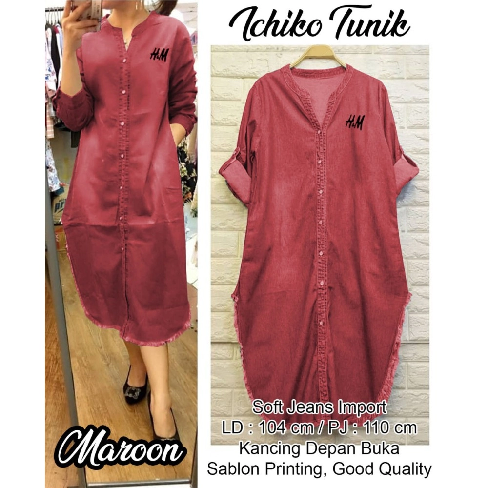 Baju Korea Tunik Jeans Hm Us Maroon