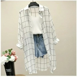 Baju Korea Tunik Cardigan Or Kotak Putih
