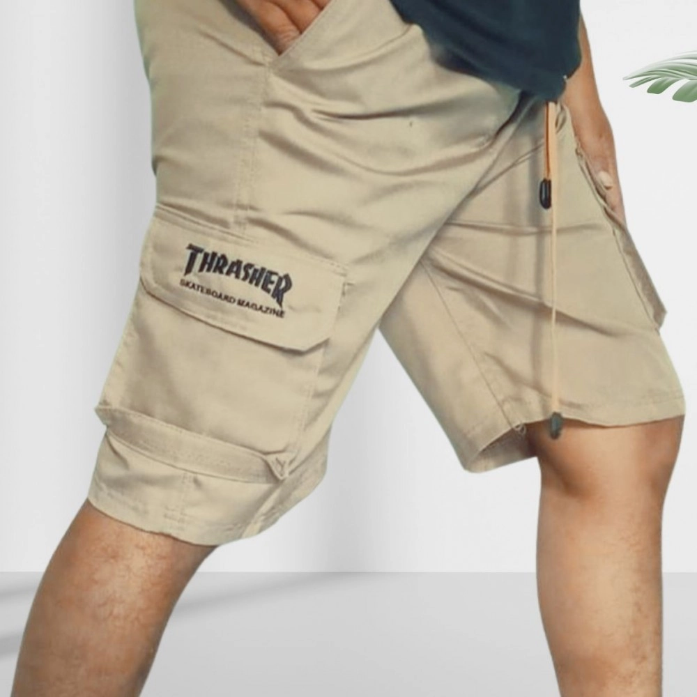 Men Flap Pocket Drawstring Waist Shorts Celana Pendek Cargo Pria Pinggang Rib Karet Melar Santai Mini Low Waist Slim-fitting Polos A-Line