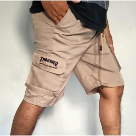 Men Flap Pocket Drawstring Waist Shorts Celana Pendek Cargo Pria Pinggang Rib Karet Melar Santai Mini Low Waist Slim-fitting Polos A-Line