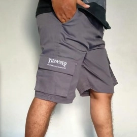 Men Flap Pocket Drawstring Waist Shorts Celana Pendek Cargo Pria Pinggang Rib Karet Melar Santai Mini Low Waist Slim-fitting Polos A-Line