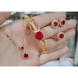 Set Perhiasan Dewasa Permata Merah Anti Karat dan luntur 045