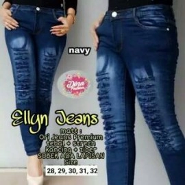 Ellyn Jeans Navy Ripped Jeans Sobek Tidak Tembus