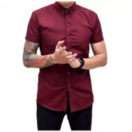 Fashion Pria Cowok Baju Kemeja Polos Pria Lengan Pendek Katun Kemeja Cowok Distro - Maron